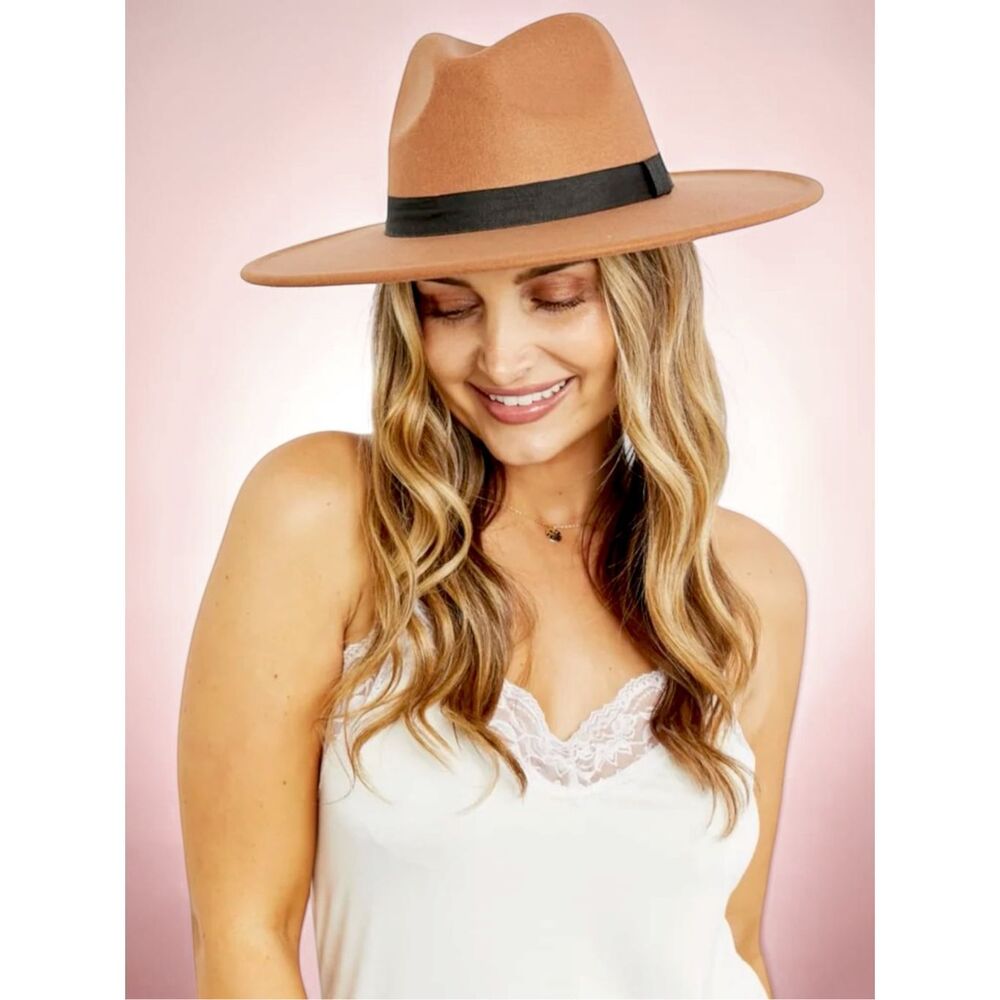 FAME Camel Wide Brim Fedora Hat | Tan Boho Rancher Western Black Ribbon NEW - Picture 14 of 14